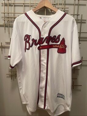 Majestic White Braves Button-Up Jersey with Red & Navy Accents